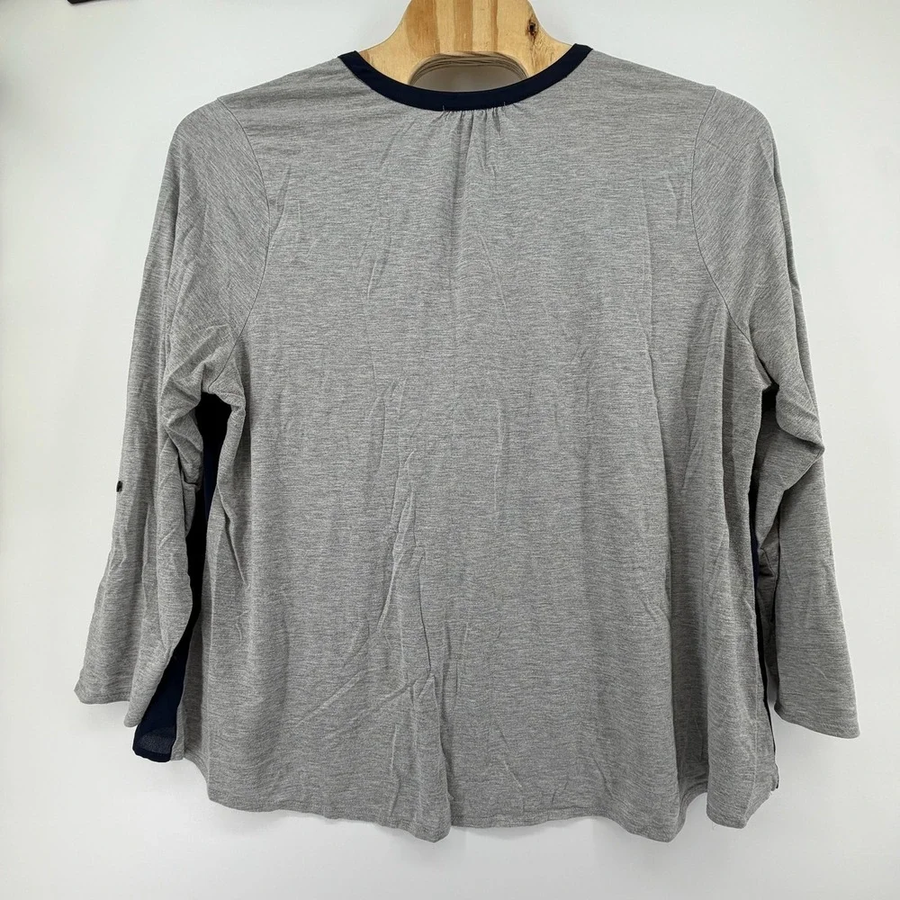 Sejour Womens‎ 3X Mixed Media Top Navy Grey Roll Tab Sleeve SJ296519WN